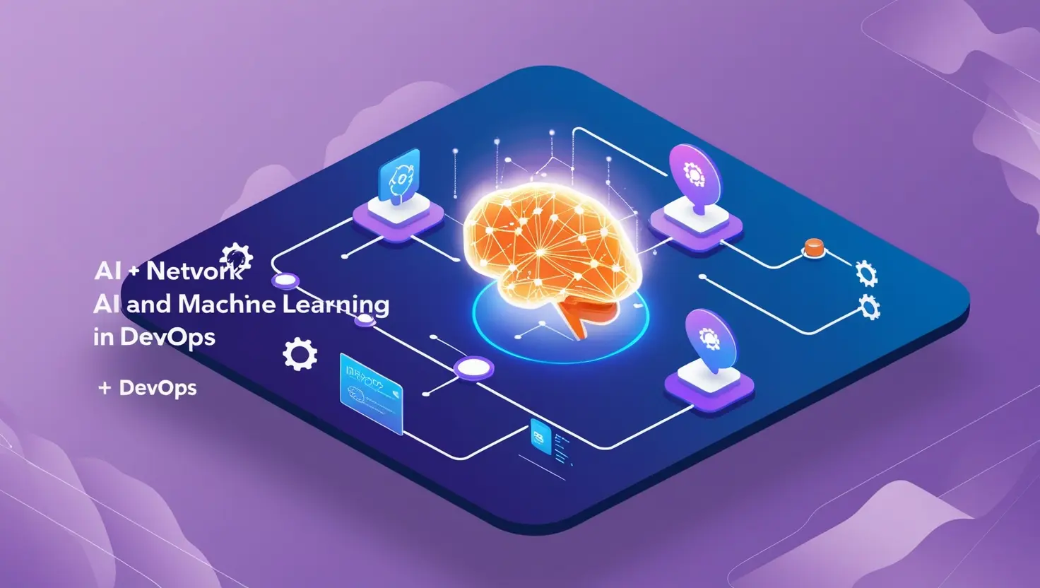 Parlayan bir sinir ağı beyni, birbirine bağlı düğümler ve DevOps simgeleri ile yapay zeka ve makine öğrenimini temsil eden, akıllı iş akışları ve otomasyonu simgeleyen dijital bir illüstrasyon.