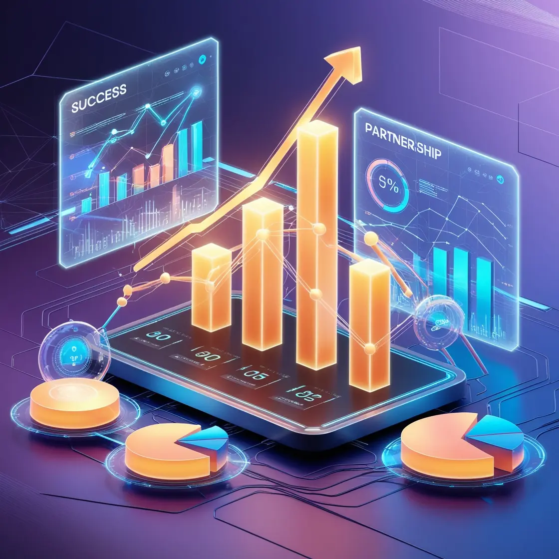 Parlayan çubuk ve pasta grafiklerle yukarı yönlü trendleri, holografik başarı metriklerini ve ortaklık analizlerini içeren, büyümeyi ve iş birliğini simgeleyen dijital bir illüstrasyon.